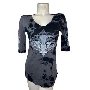 Sledge USA Top Gray Tie Dye Fleur de Lis 1/2 Sleeve V-Neck Shirt Womens Size XL